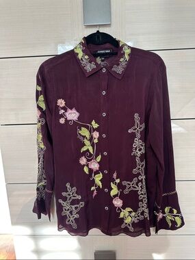 Johnny Was Plum Embroidered Floral Button-Down Shirt